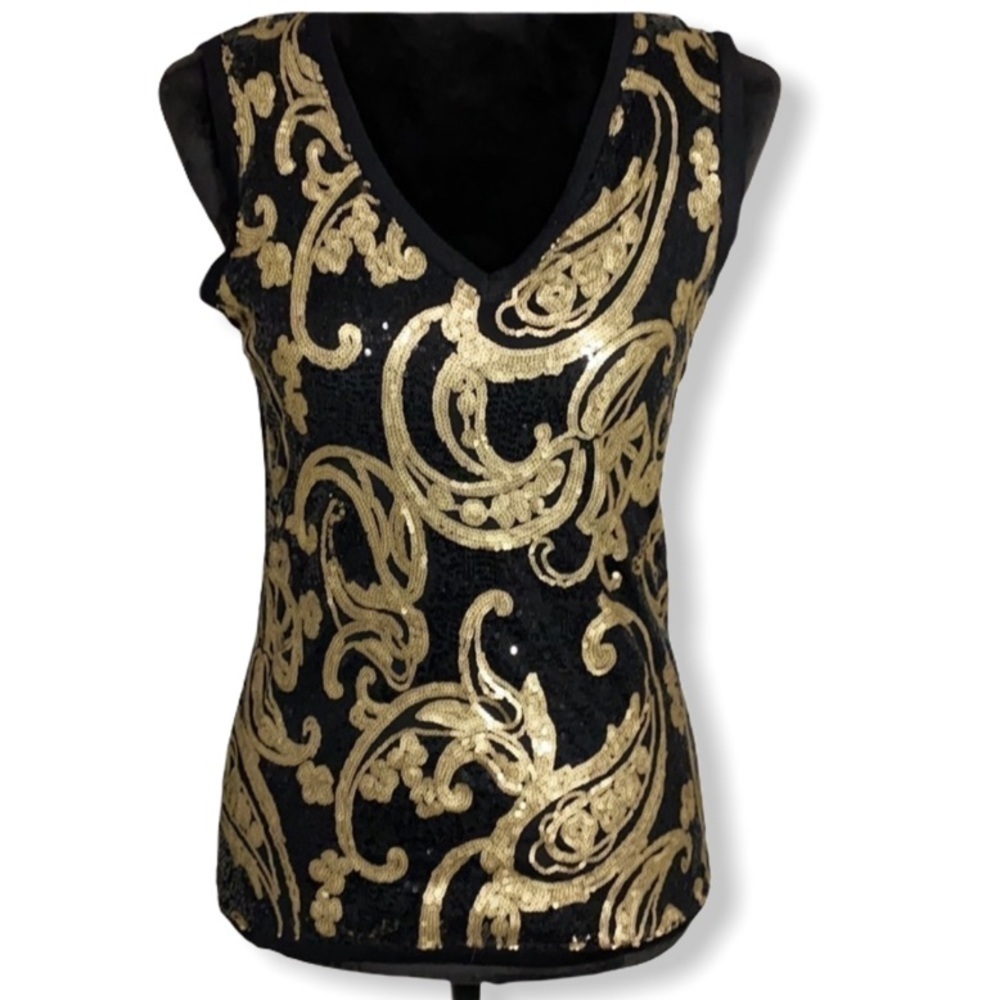 89TH & Madison black gold sequin sleeveless top NWT small - Picture 2 of 9